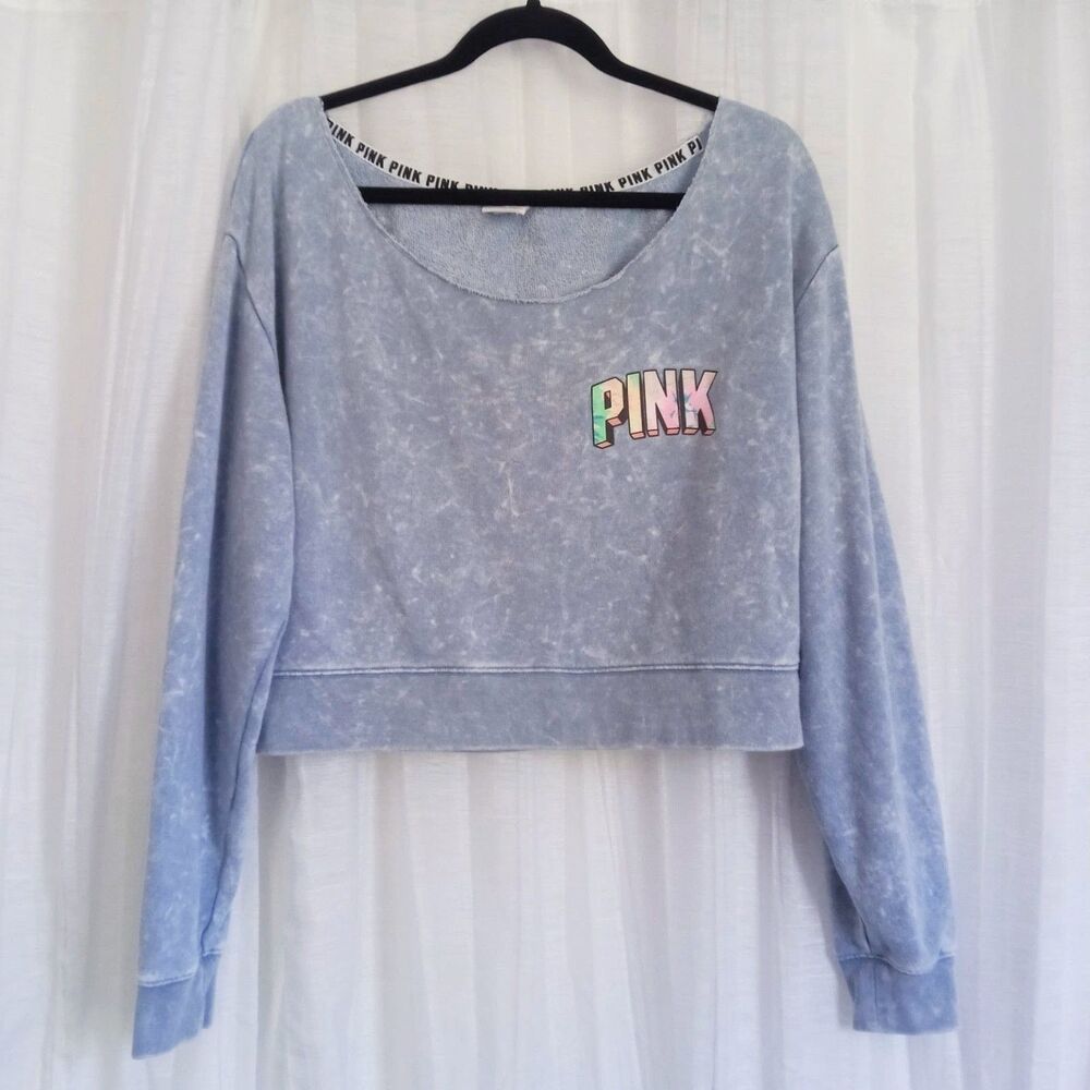 Victoria's Secret PINK Cropped SZ M Sweatshirt Slouchy BLUE Distressed Raw Edge